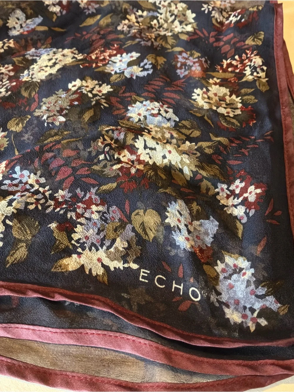 Echo Navy Blue & Burgundy Floral Vintage Silk Square Scarf